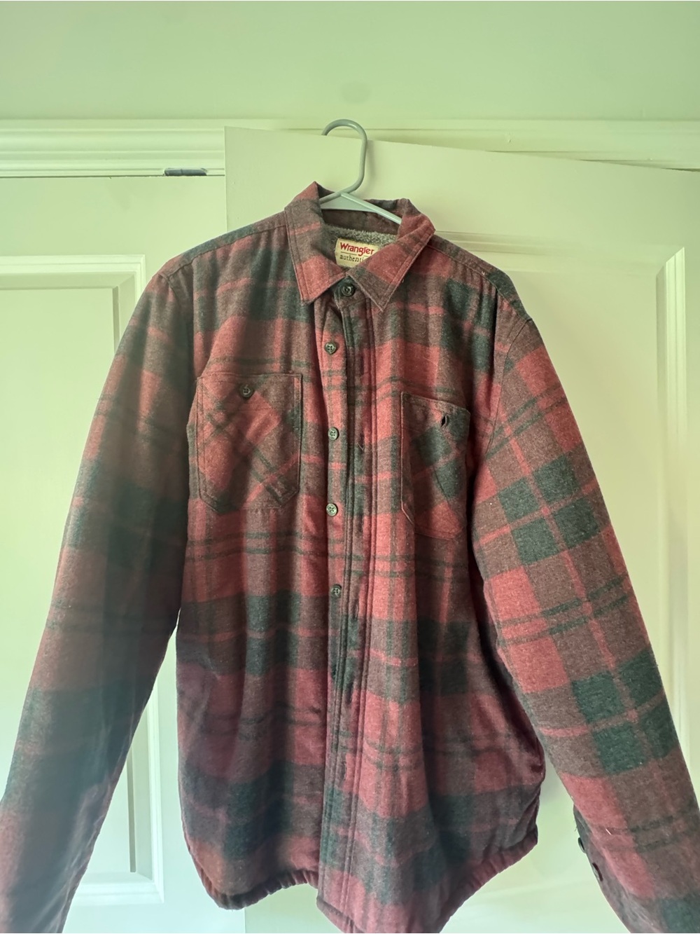 Wrangler Burgundy and Gray Plaid Sherpa-Lined Shirt Jacket
